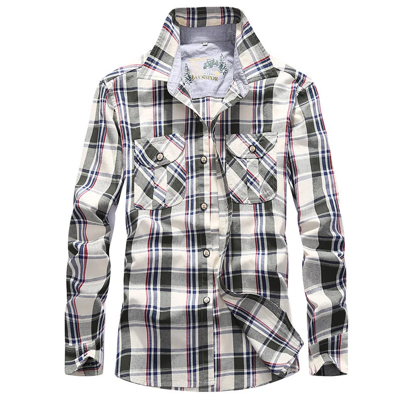 Herren Karierte Baumwoll-Flanell-Hemdjacke mit Brustpattentaschen und Hemdkragen Nord Taschen