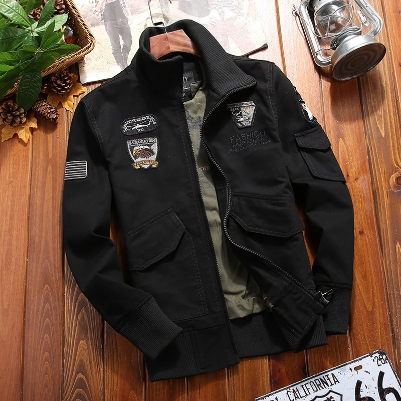 Herren Canvas-Pilotenblouson mit Stickpatches, Mehrfachtaschen und Rippenbündchen Nord Taschen