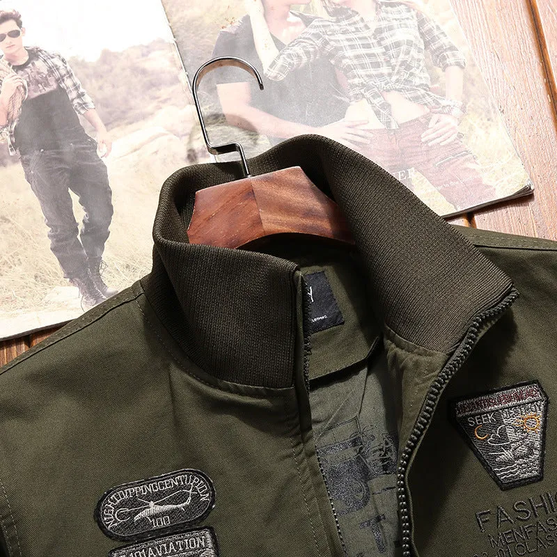 Herren Canvas-Pilotenblouson mit Stickpatches, Mehrfachtaschen und Rippenbündchen Nord Taschen