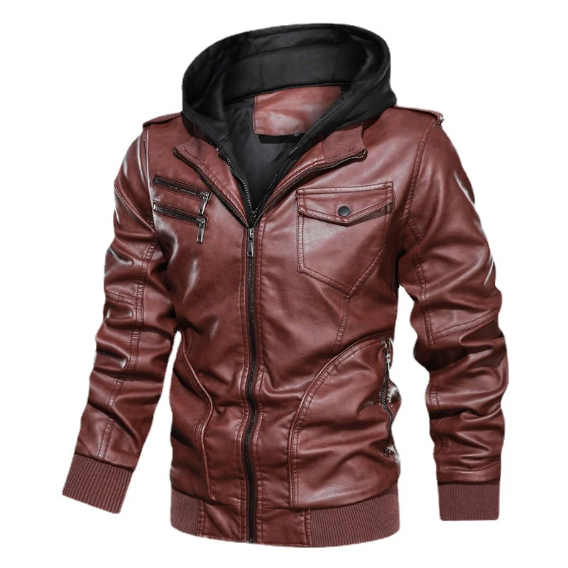 Herren Kapuzen-Lederimitatjacke im Bikerstil mit Reißverschluss, Brusttaschen und Rippbündchen Nord Taschen