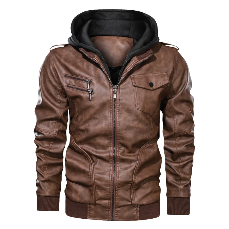 Herren Kapuzen-Lederimitatjacke im Bikerstil mit Reißverschluss, Brusttaschen und Rippbündchen Nord Taschen
