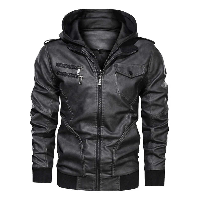 Herren Kapuzen-Lederimitatjacke im Bikerstil mit Reißverschluss, Brusttaschen und Rippbündchen Nord Taschen