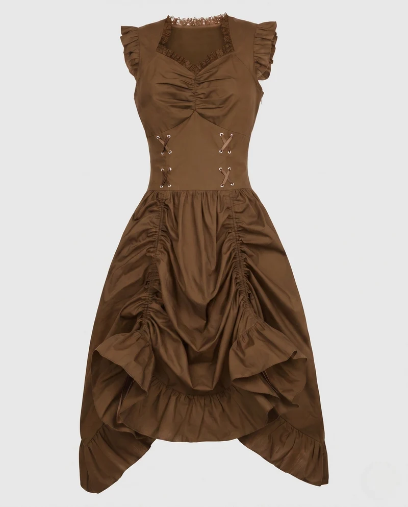 Frauen Elegantes Vintage Kleid mit Rüschen und Schnürung Nord Taschen