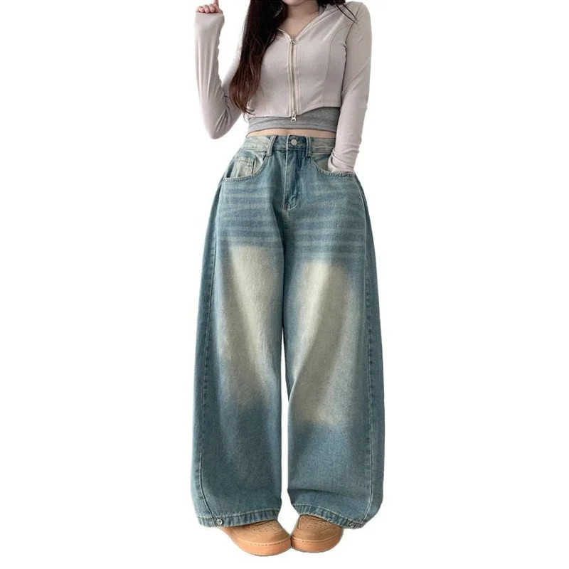 Damen Weite High-Waist Denim-Hose mit Faltenwurf