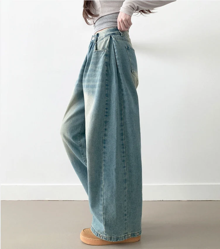 Damen Weite High-Waist Denim-Hose mit Faltenwurf
