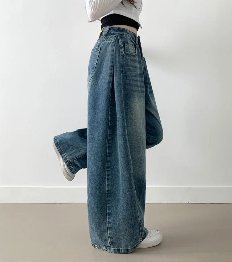 Damen Weite High-Waist Denim-Hose mit Faltenwurf