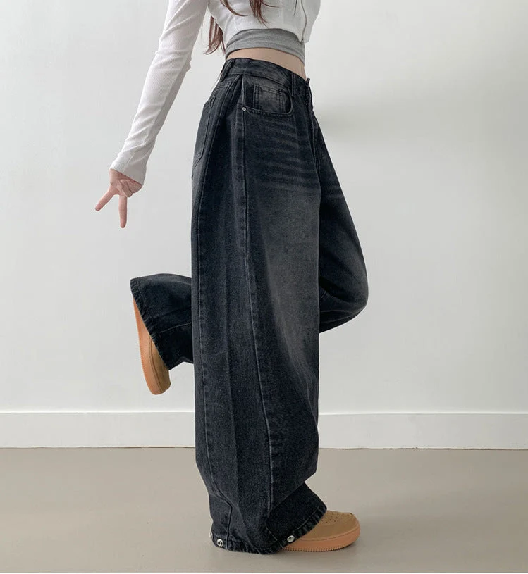 Damen Weite High-Waist Denim-Hose mit Faltenwurf