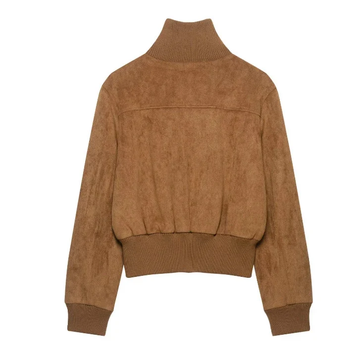 Damen Kurzer Veloursleder‑Bomber mit Stehkragen, aufgesetzten Klappentaschen und Rippenbündchen Nord Taschen