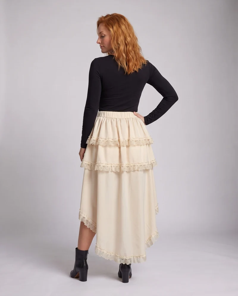 Damen asymmetrischer Midirock mit Rüschendetails und Spitzenapplikationen Nord Taschen