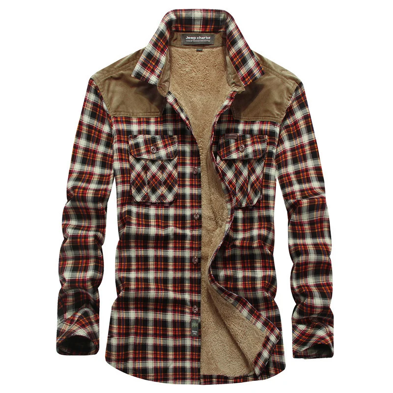 Herren Gefüttertes Karo‑Hemd mit Teddyfleece‑Innenfutter und Cord‑Schulterpasse Nord Taschen