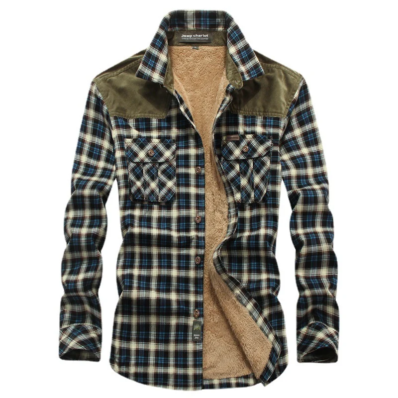 Herren Gefüttertes Karo‑Hemd mit Teddyfleece‑Innenfutter und Cord‑Schulterpasse Nord Taschen