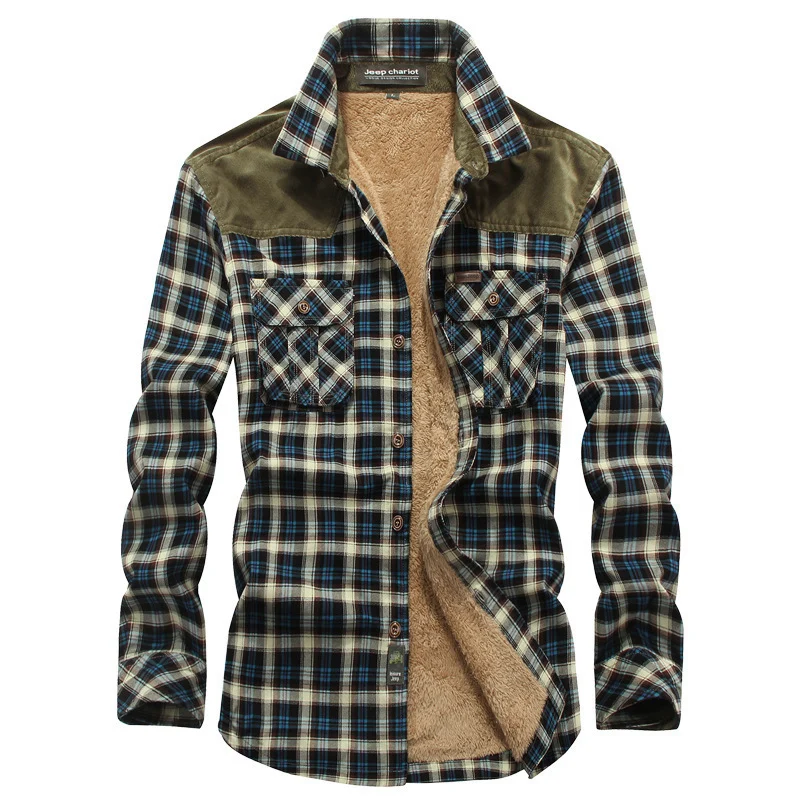 Herren Gefüttertes Karo‑Hemd mit Teddyfleece‑Innenfutter und Cord‑Schulterpasse Nord Taschen