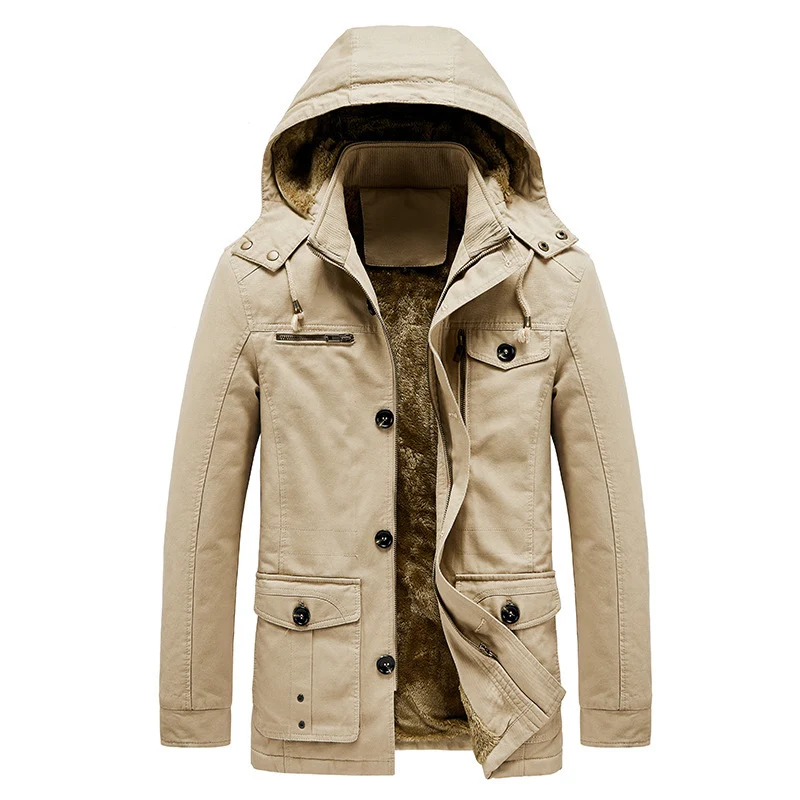 Herren gefütterter Kapuzenparka im Canvas‑Look mit Teddyfutter und Multifunktions‑Taschen Nord Taschen