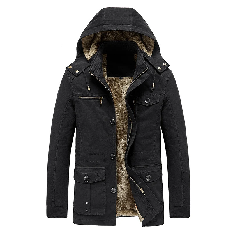 Herren gefütterter Kapuzenparka im Canvas‑Look mit Teddyfutter und Multifunktions‑Taschen Nord Taschen