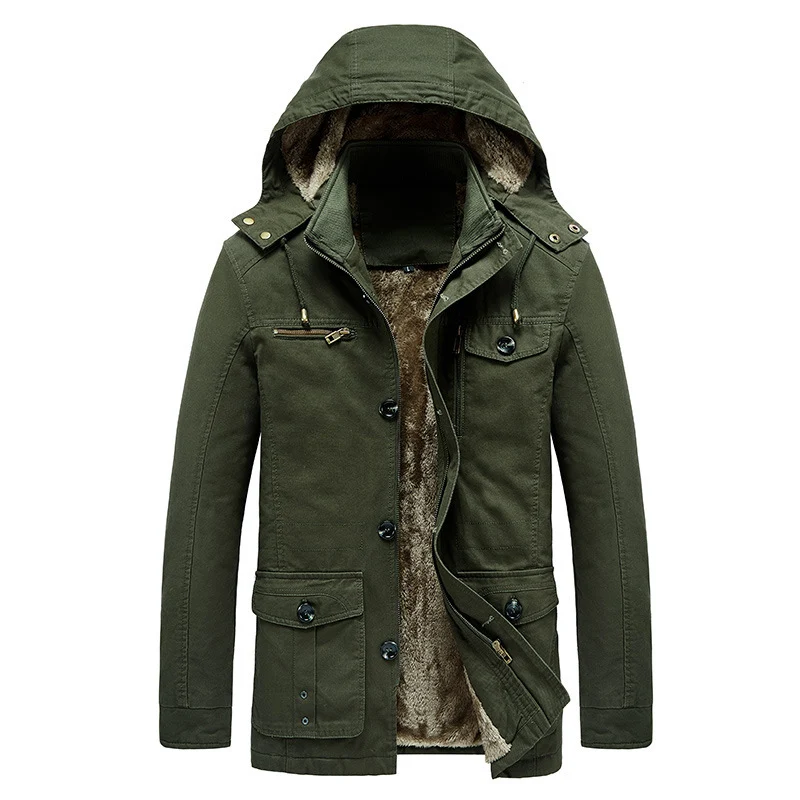 Herren gefütterter Kapuzenparka im Canvas‑Look mit Teddyfutter und Multifunktions‑Taschen Nord Taschen