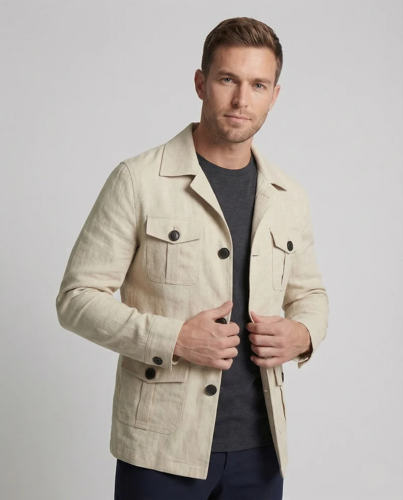 Herren Leinen Safarijacke Leicht mit Vier Pattentaschen - Vittorelli