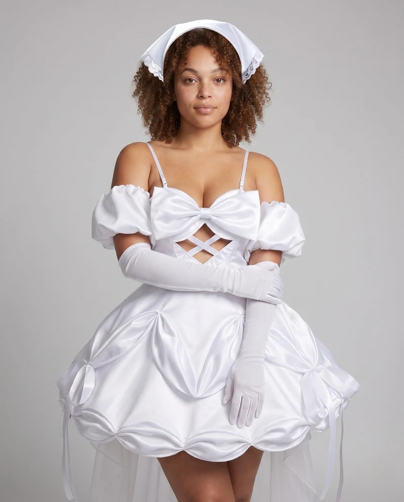 Damen Hochzeits-Cosplay-Kleid mit Ärmelapplikationen und aufwendigen Rüschen Nord Taschen
