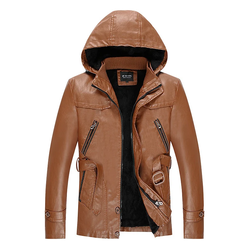 Herren gefütterte Kunstlederjacke mit Kapuze, warmem Teddyfutter und Gürteldetail Nord Taschen