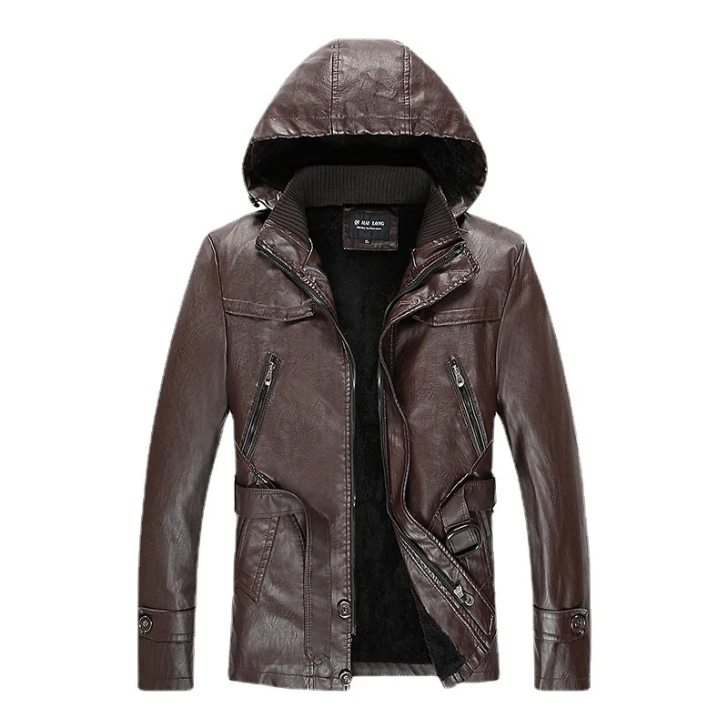 Herren gefütterte Kunstlederjacke mit Kapuze, warmem Teddyfutter und Gürteldetail Nord Taschen