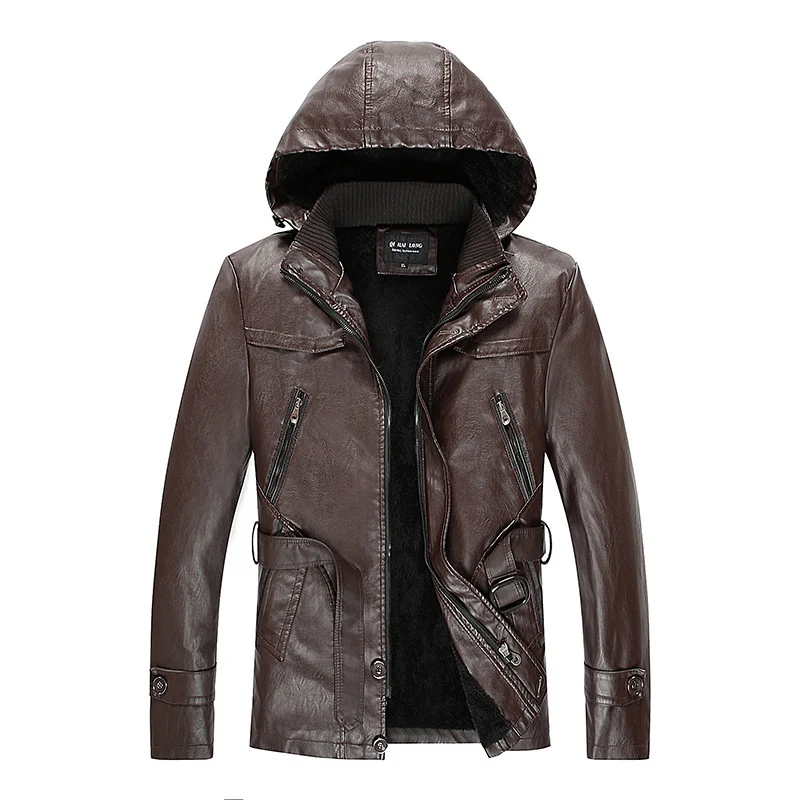 Herren gefütterte Kunstlederjacke mit Kapuze, warmem Teddyfutter und Gürteldetail Nord Taschen