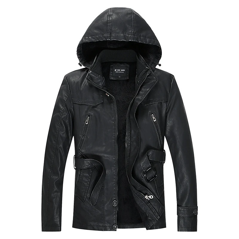 Herren gefütterte Kunstlederjacke mit Kapuze, warmem Teddyfutter und Gürteldetail Nord Taschen