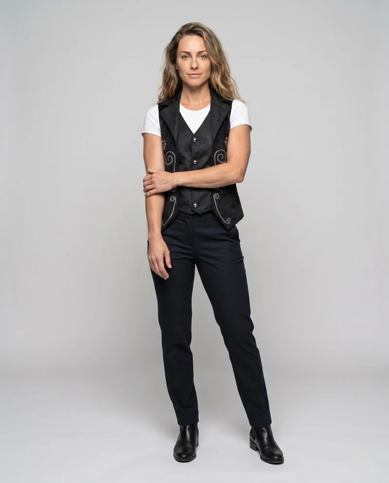 Damen elegantes Satinwest mit floralem Muster und praktischen Taschen Nord Taschen