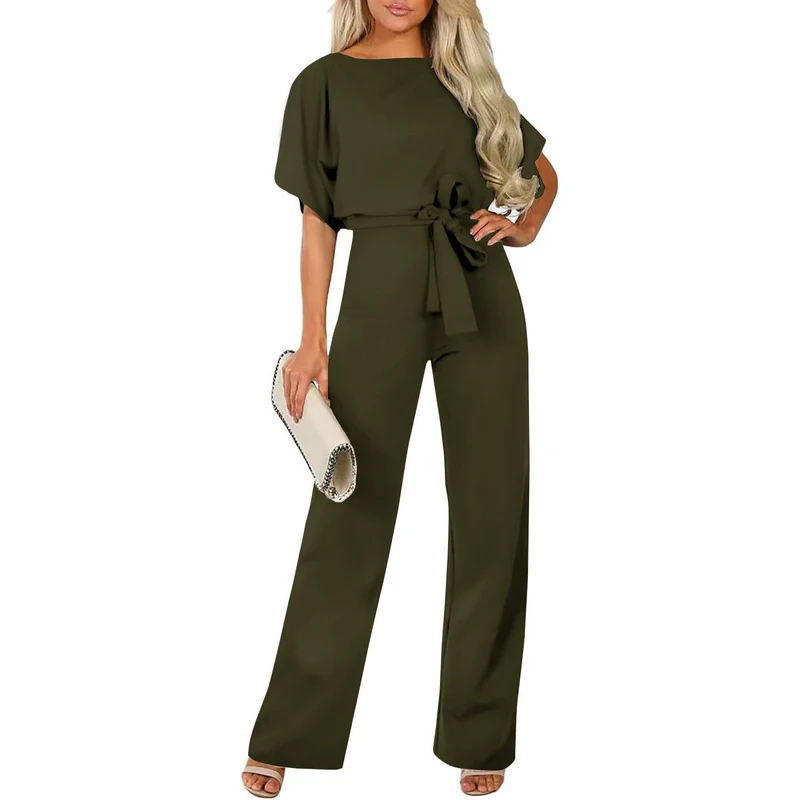 Damen langer Jumpsuit mit innovativem Bindegürtel und angeschnittenen Ärmeln