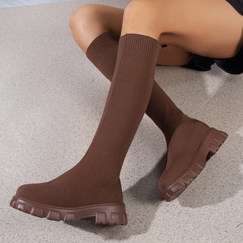 Damen Kniehohe Strick‑Sock‑Boots mit elastischem Schaft und markanter Profilsohle Nord Taschen