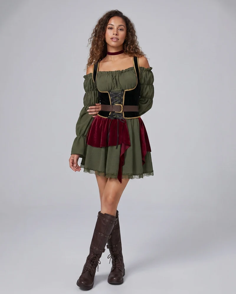 Frauen traditionelle Kleid mit Rüschendetails und figurbetontem Gürtel Nord Taschen
