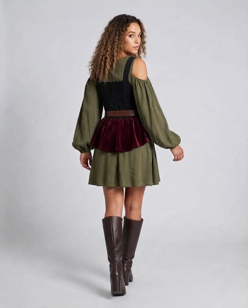 Frauen traditionelle Kleid mit Rüschendetails und figurbetontem Gürtel Nord Taschen