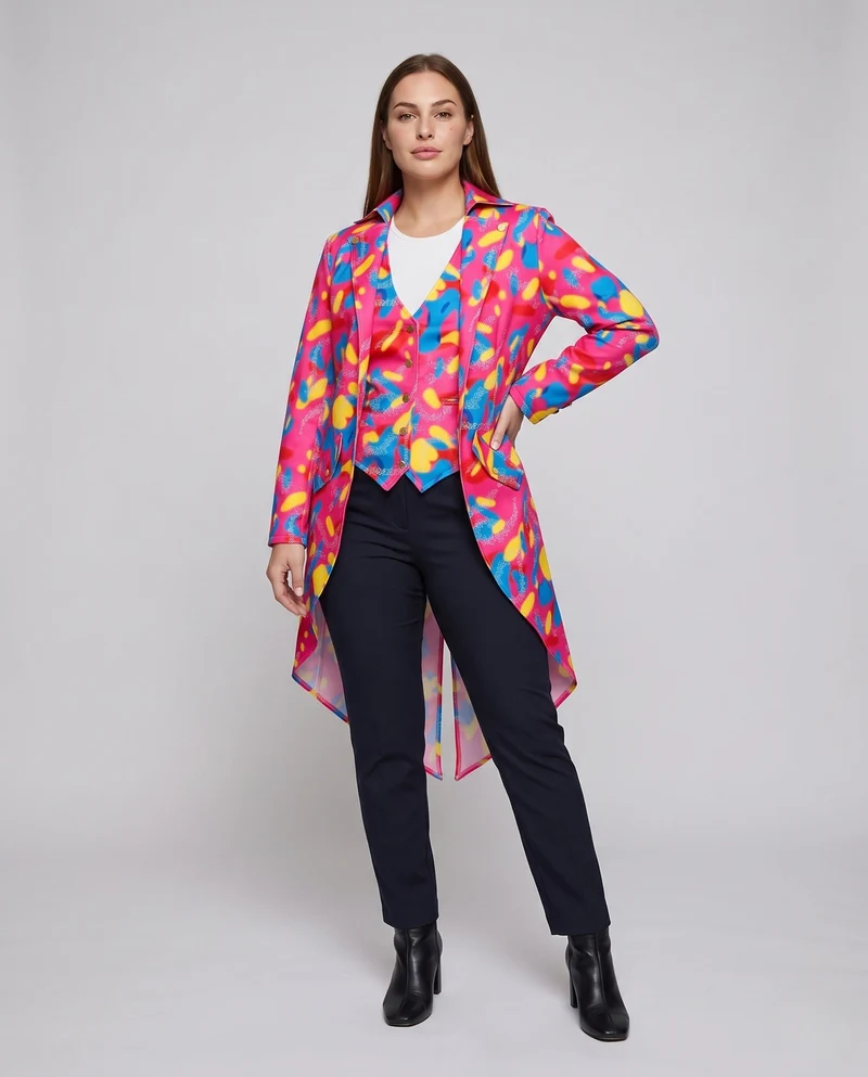 Damen eleganter, farbenfroher Mantel mit asymmetrischem Schnitt und Taschen Nord Taschen