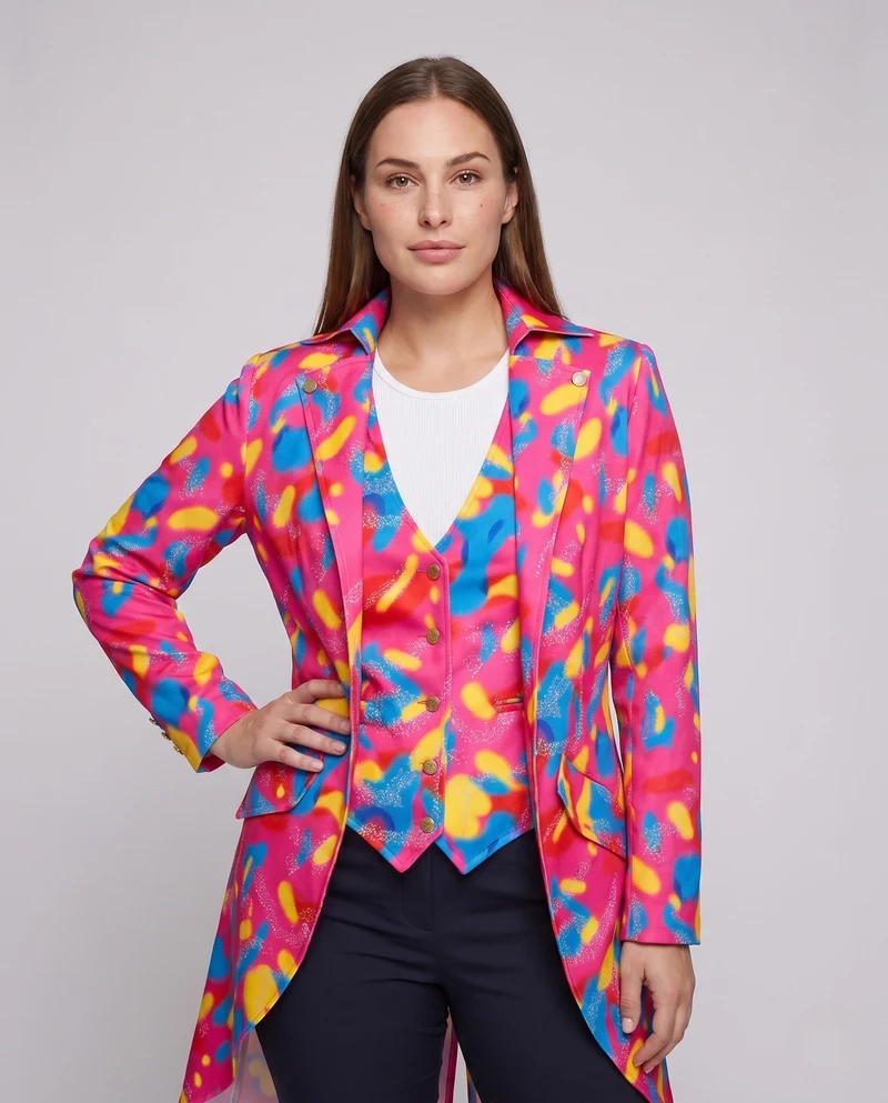 Damen eleganter, farbenfroher Mantel mit asymmetrischem Schnitt und Taschen Nord Taschen