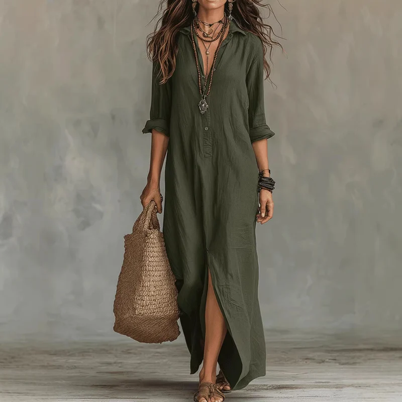 Damen Langes Hemdkleid mit Knopfverschluss und seitlichem Schlitz