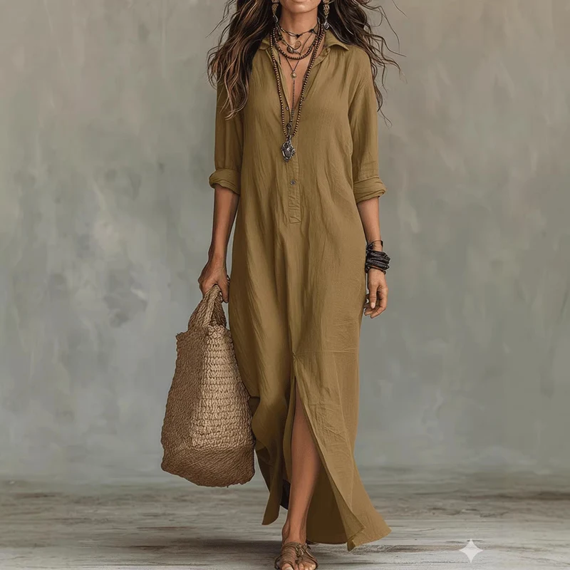 Damen Langes Hemdkleid mit Knopfverschluss und seitlichem Schlitz
