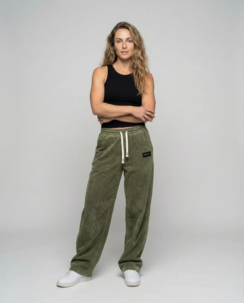 Damen nan lässige Cord-Baggy-Hose mit elastischem Tunnelzugbund, tiefem Schritt und seitlichen Eingrifftaschen Nord Taschen
