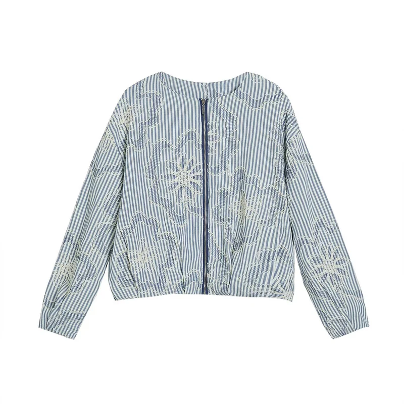 Damen 200+ gestreifte bestickte Blousonjacke mit durchgehendem Reißverschluss Nord Taschen