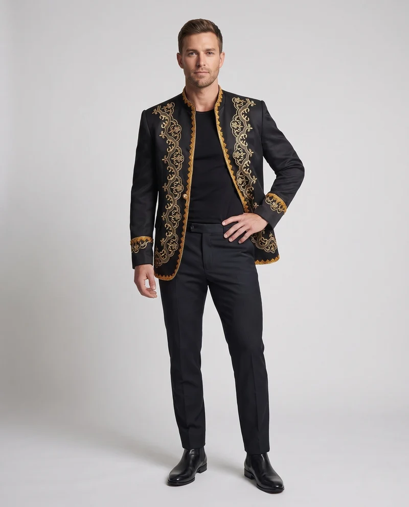 Herren eleganter Brokatblazer mit aufwendiger goldener Stickerei Nord Taschen