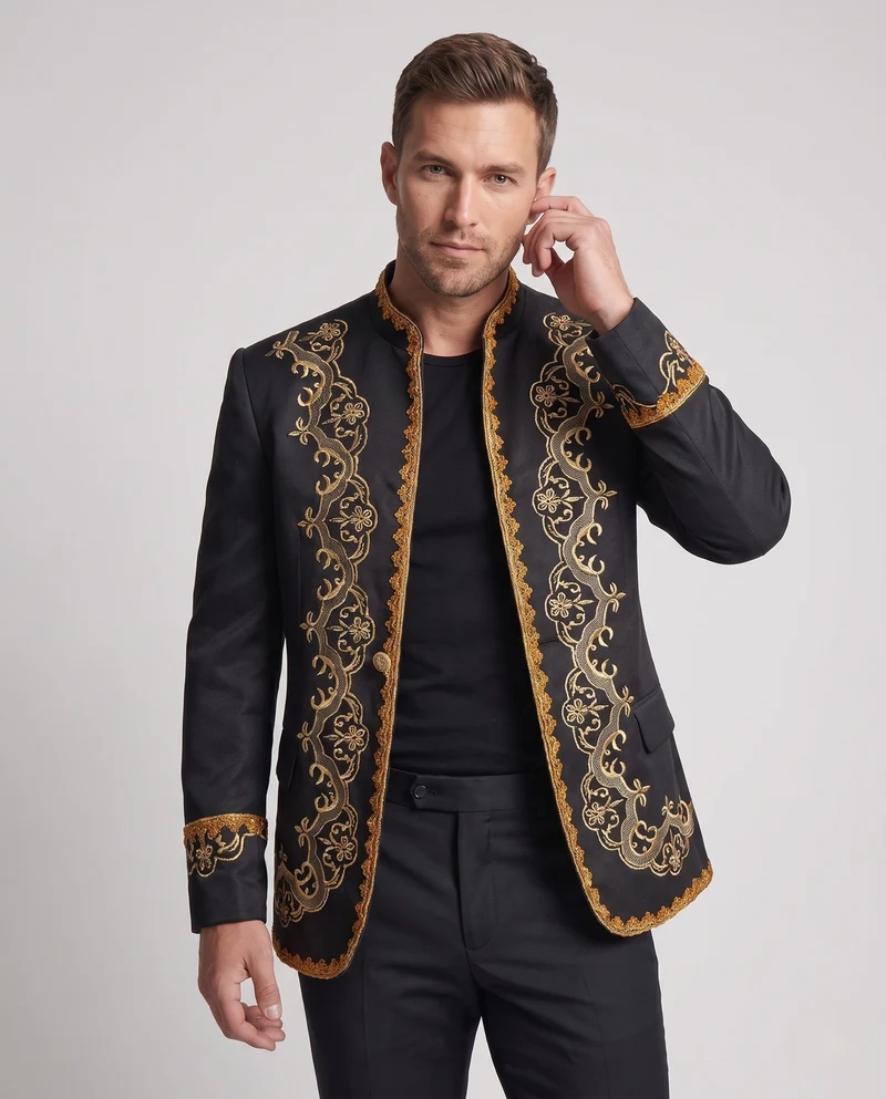 Herren eleganter Brokatblazer mit aufwendiger goldener Stickerei Nord Taschen