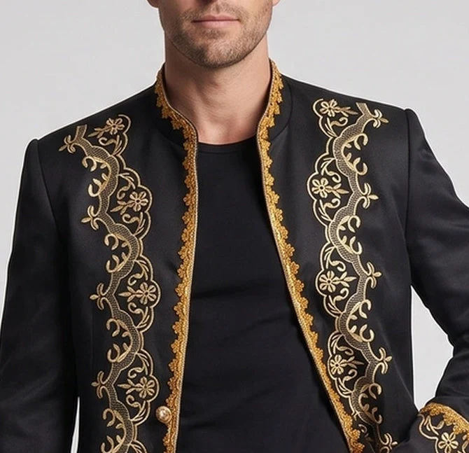 Herren eleganter Brokatblazer mit aufwendiger goldener Stickerei Nord Taschen