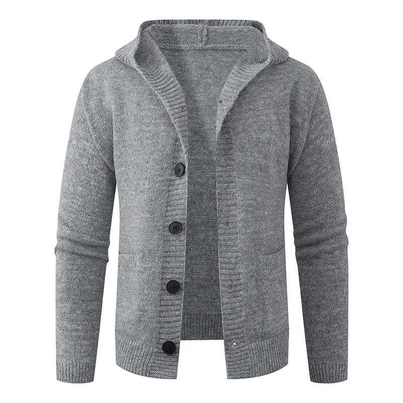 Herren Kapuzen-Strickcardigan aus Thermo-Feinstrick mit durchgehender Knopfleiste und Eingrifftaschen Nord Taschen