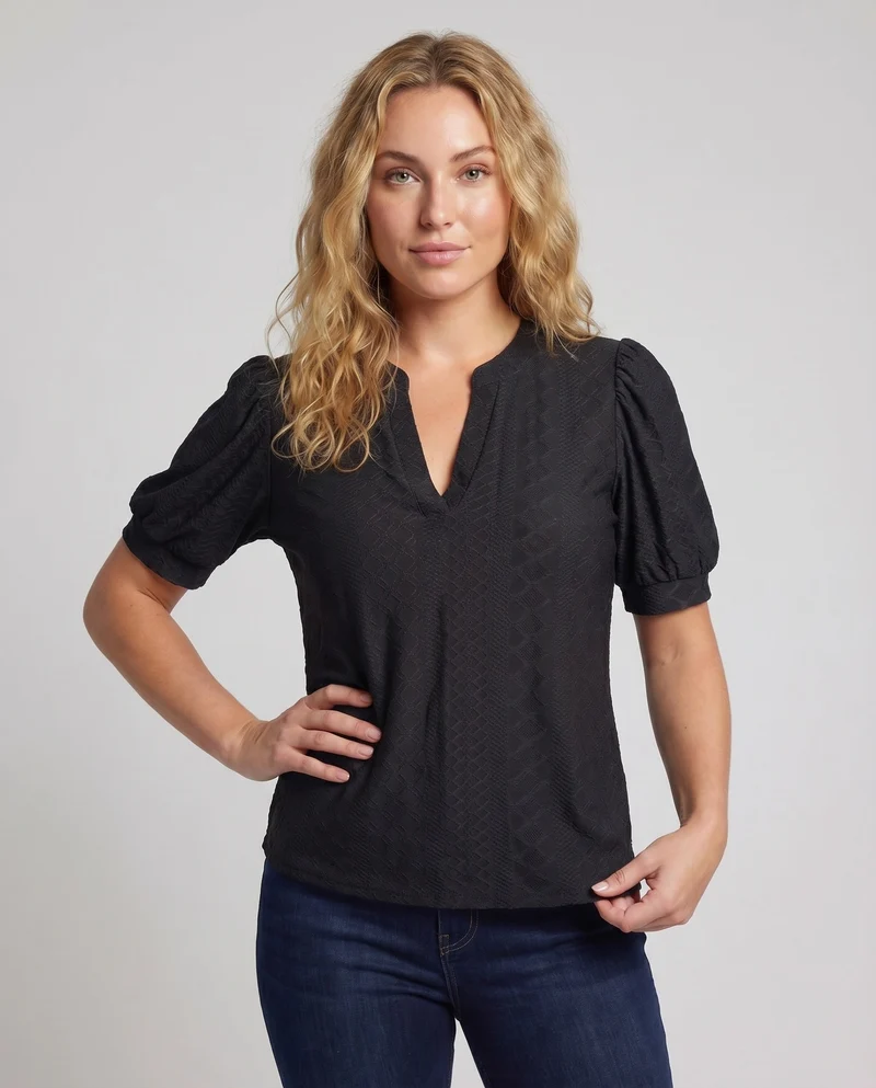 Damen Lochstickerei-Bluse V-Schlitz Puffärmel Gerafft