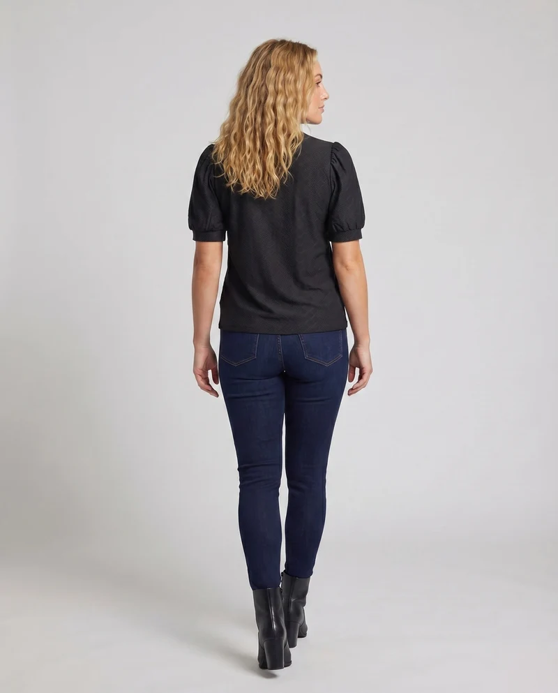 Damen Lochstickerei-Bluse V-Schlitz Puffärmel Gerafft