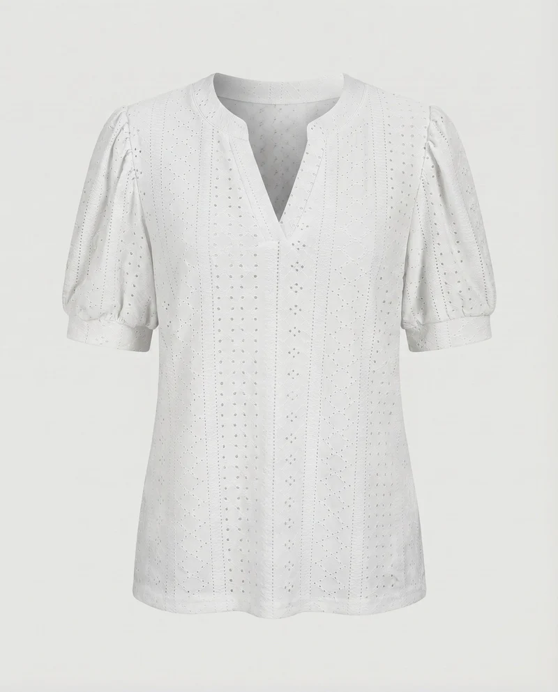 Damen Lochstickerei-Bluse V-Schlitz Puffärmel Gerafft