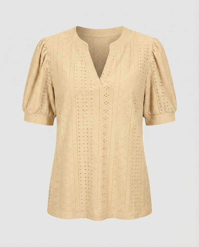 Damen Lochstickerei-Bluse V-Schlitz Puffärmel Gerafft