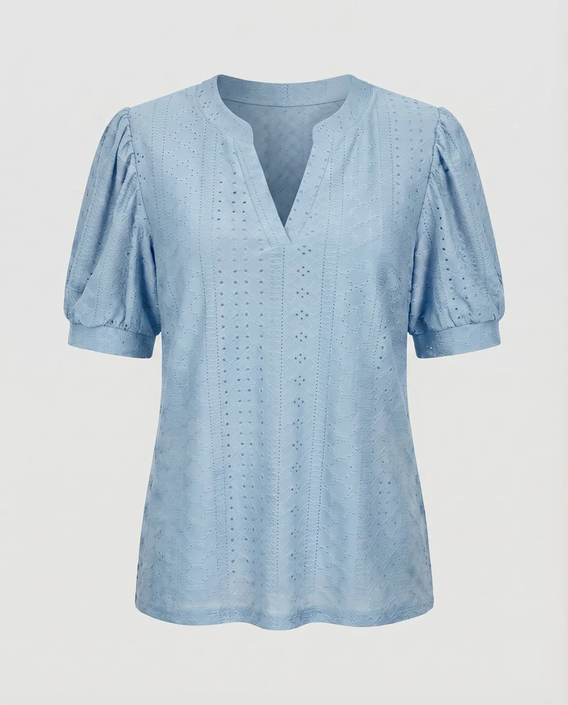 Damen Lochstickerei-Bluse V-Schlitz Puffärmel Gerafft