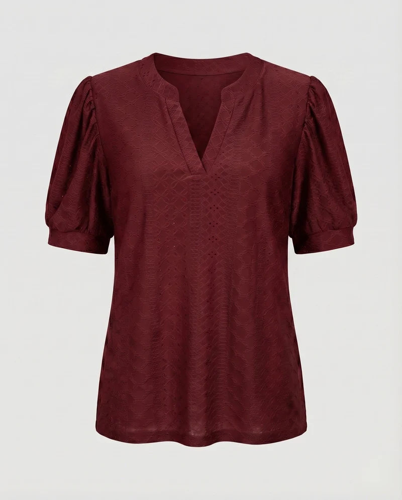 Damen Lochstickerei-Bluse V-Schlitz Puffärmel Gerafft