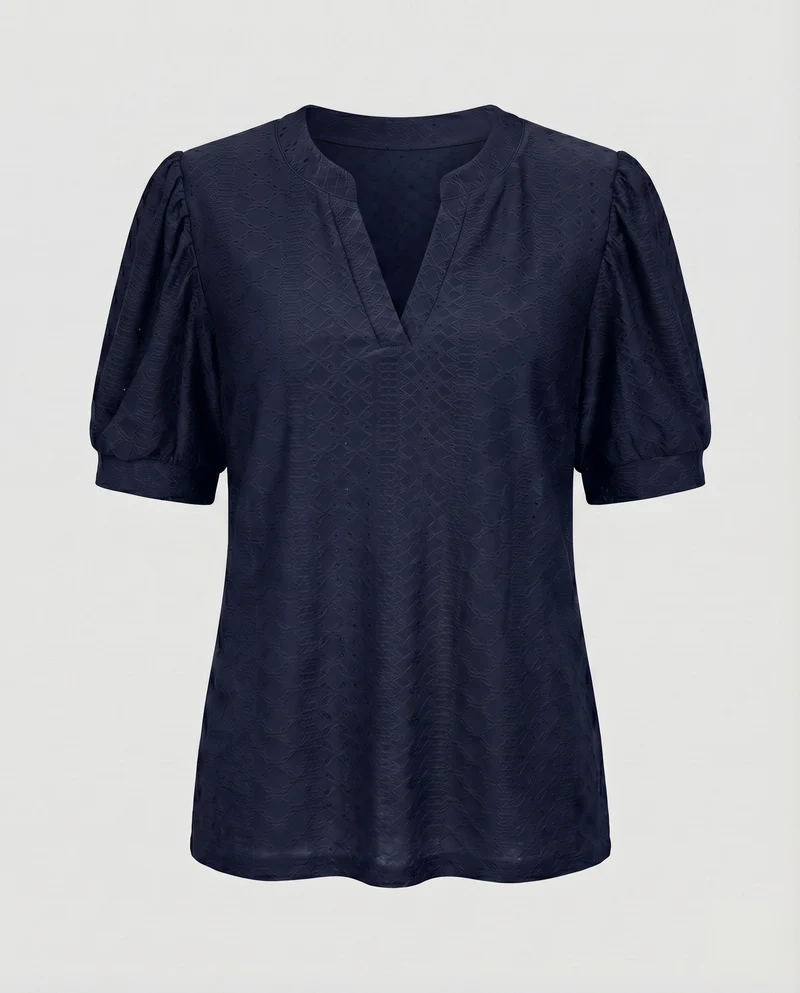 Damen Lochstickerei-Bluse V-Schlitz Puffärmel Gerafft