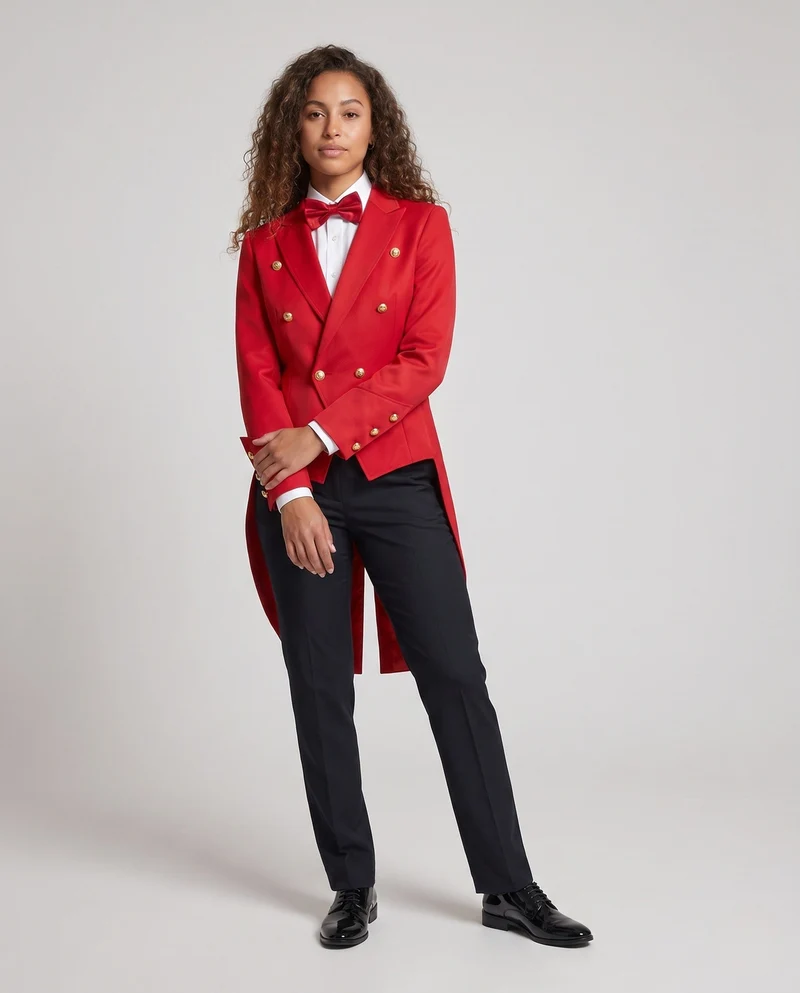 Damen eleganter Frack mit aufwendigen Knopfdetails und passendem Fliegen-Nord Taschen