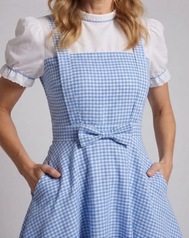 Damen nostalgisches kariertes Kleid mit Rüschendetails und passenden Accessoires Nord Taschen