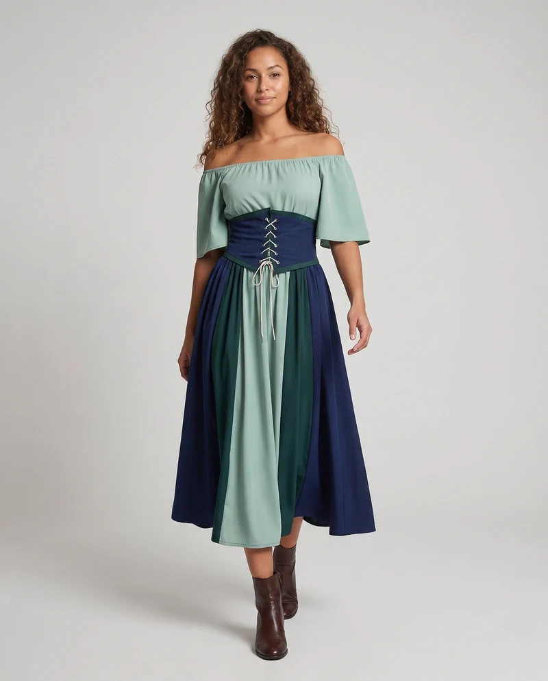 Damen Elegante Maxikleid mit Rüschentop und Hohem Taillenbund